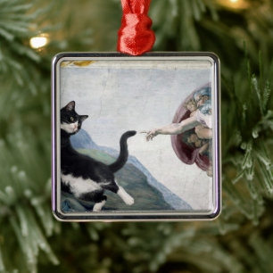 Tuxedo Cat Touching the Divine Paw Metal Ornament