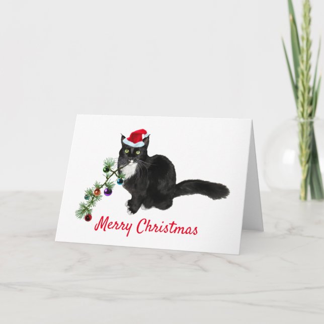 Tuxedo Cat Tree Christmas Card (Front)