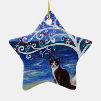 Tuxedo Cat & Tree of Life Ceramic Ornament