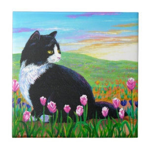 Tuxedo Cat Tulips Creationarts Ceramic Tile