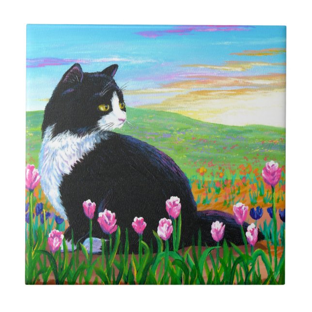 Tuxedo Cat Tulips Creationarts Ceramic Tile (Front)