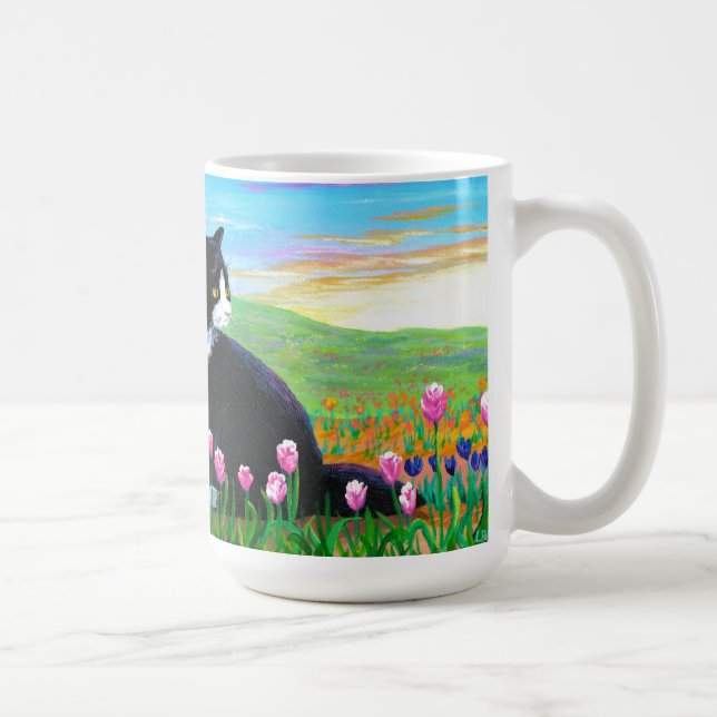 Tuxedo Cat Tulips Creationarts Coffee Mug (Right)