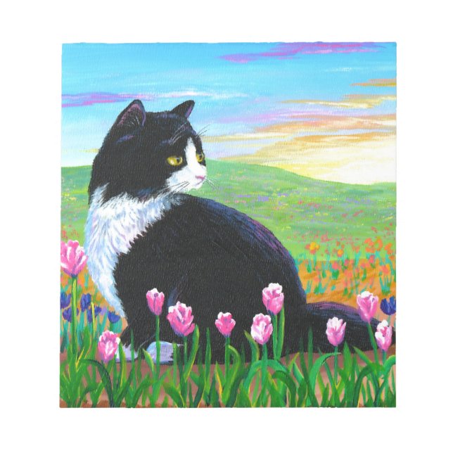 Tuxedo Cat Tulips Creationarts Notepad (Front)