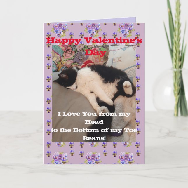 Tuxedo Cat Valentines Day I Love You Toe Beans Card (Front)