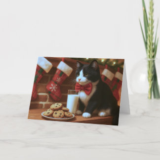 Tuxedo Cat Waiting for Santa Card