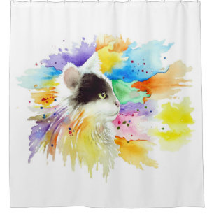 Tuxedo Cat Watercolor splash Cat 605 Shower Curtain