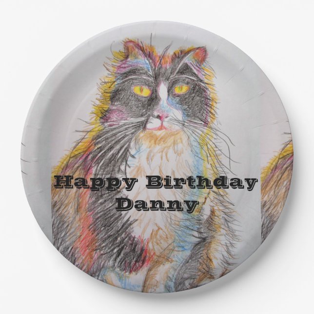 Tuxedo Cat Watercolour Birthday Party Paper Plate (Front)