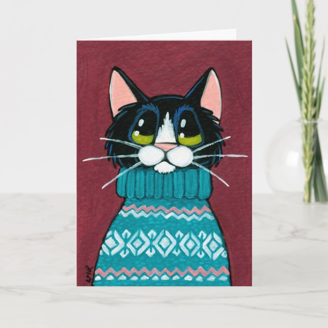 Tuxedo Cat Wearing an Ugly Sweater Painting Holiday Card (Front)