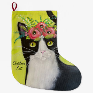 Tuxedo Cat Whimsical Art Large Christmas Stocking