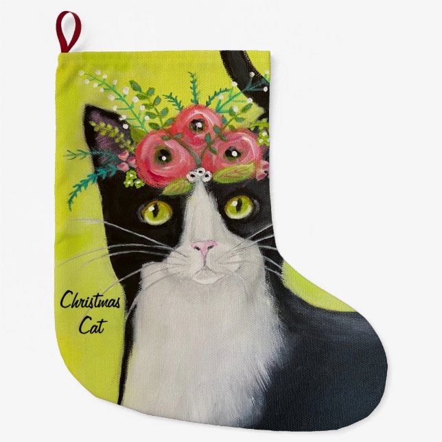 Tuxedo Cat Whimsical Art Large Christmas Stocking (Front)