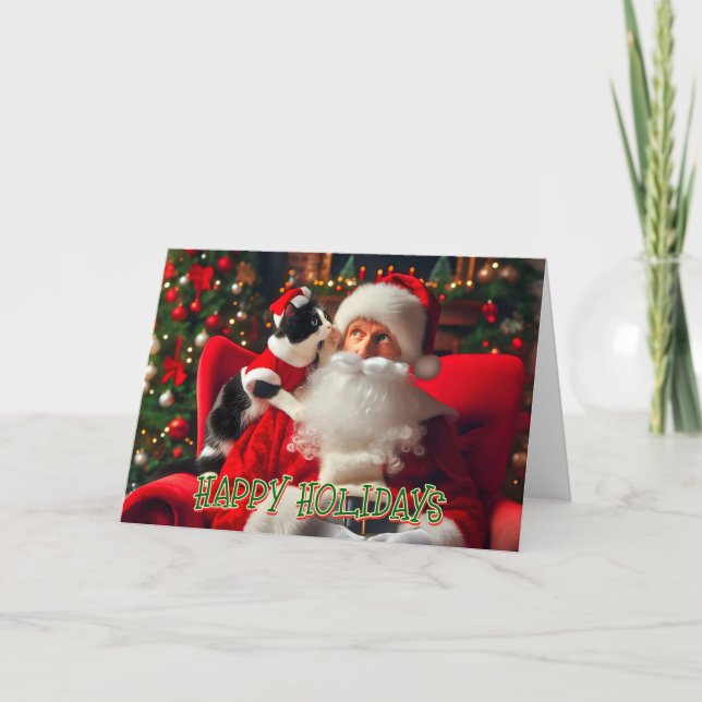 Tuxedo Cat Whispering in Santa's Ear Card (Front)