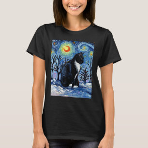 Tuxedo Cat Winter Snow Holiday Starry Night Art by T-Shirt