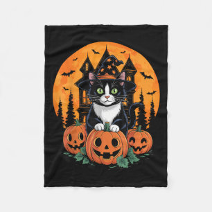 Tuxedo Cat Witch Hat Halloween Y Jack O Lantern Pu Fleece Blanket