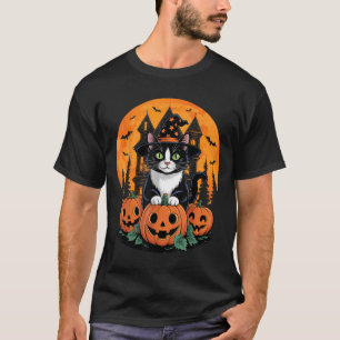 Tuxedo Cat Witch Hat Halloween Y Jack O Lantern Pu T-Shirt