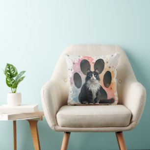 Tuxedo Cat with a Paw Print Background Cushion