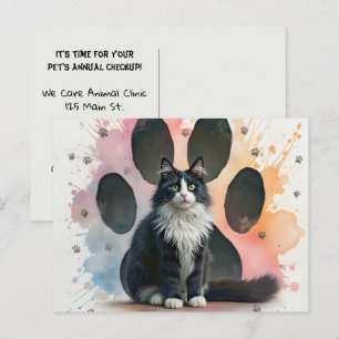 Tuxedo Cat with a Paw Print Background Postcard