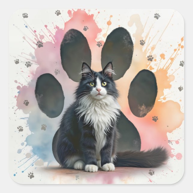 Tuxedo Cat with a Paw Print Background Square Sticker (Front)