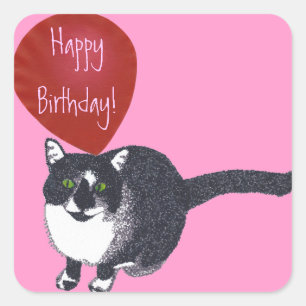 Tuxedo Cat with Balloon Happy Birthday Stickers