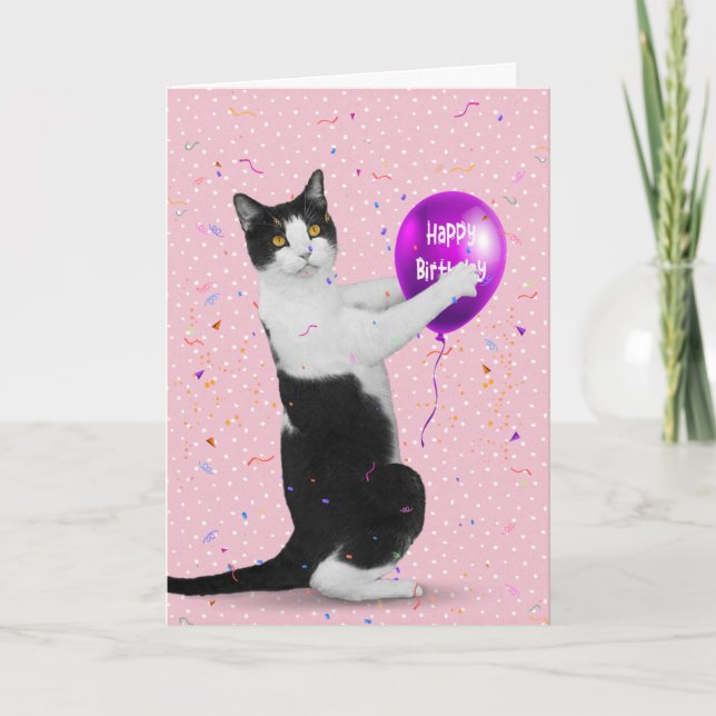 Tuxedo Cat with Birthday Balloon Card (Front)
