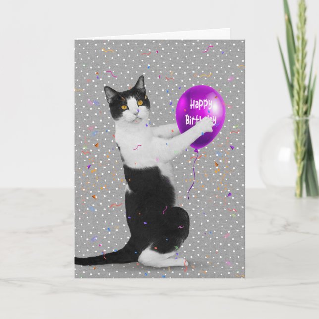 Tuxedo Cat with Birthday Balloon Card (Front)