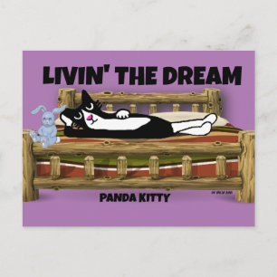 TUXEDO CAT WITH BUNNY IN BED, PANDA KITTY ART  POSTCARD