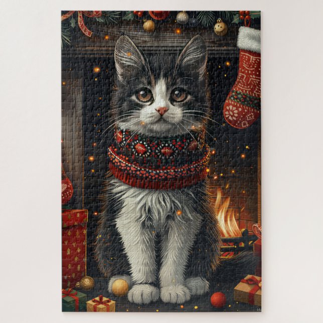 Tuxedo Cat With Christmas Gifts Fireplace Jigsaw Puzzle (Vertical)