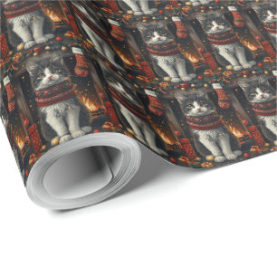 Tuxedo Cat With Christmas Gifts Fireplace Wrapping Paper