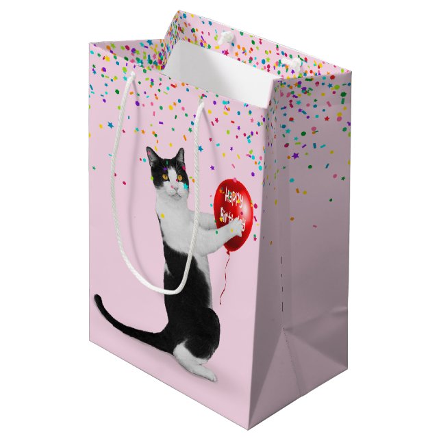 Tuxedo Cat With Confetti and Birthday Balloon Medium Gift Bag (Front Angled)