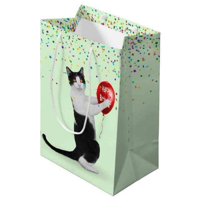 Tuxedo Cat With Confetti and Birthday Balloon Medium Gift Bag (Front Angled)