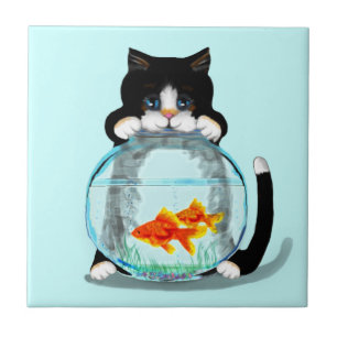 Tuxedo Cat with Fish Tile