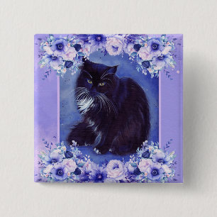 Tuxedo cat with flowers art by Renee  15 Cm Square Badge