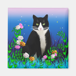 Tuxedo Cat with Flowers Magnet