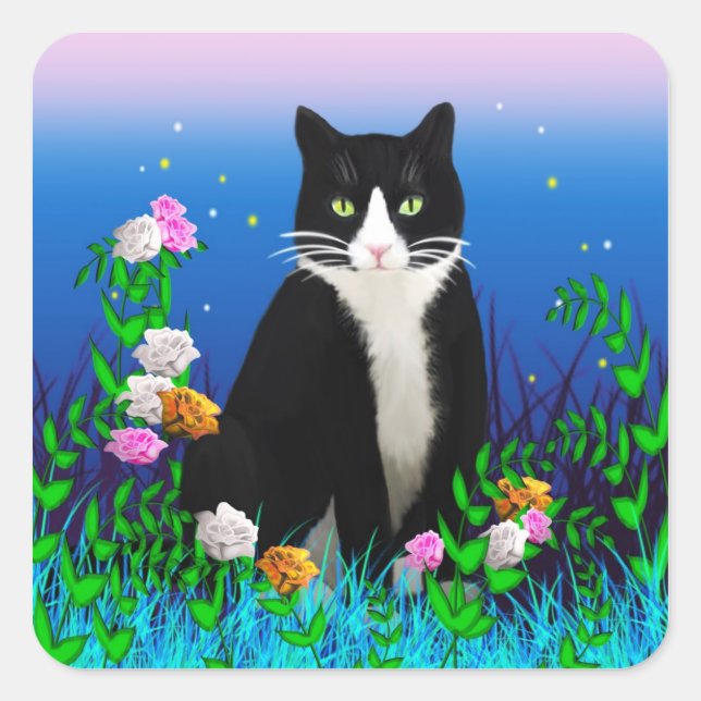 Tuxedo Cat with Flowers Stickers (Front)