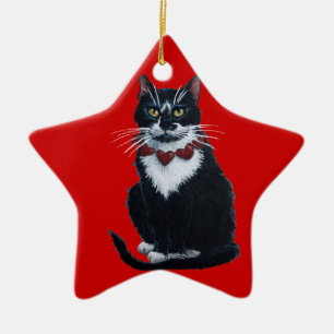 Tuxedo cat with heart collar ornament