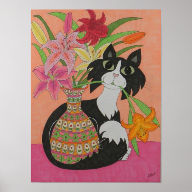 Tuxedo Cat with Lilies Poster (Front)