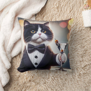 Tuxedo Cat With Martini Cocktail Cushion