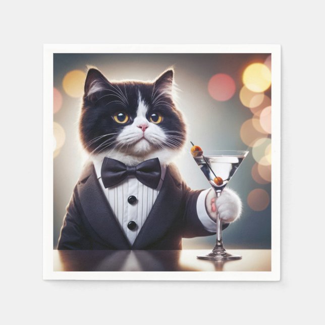 Tuxedo Cat With Martini Cocktail Napkin (Front)