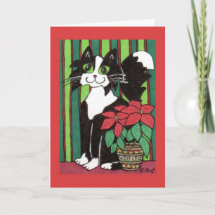 Tuxedo Cat with Poinsettia Holiday Card