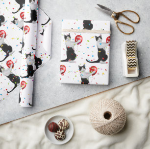 Tuxedo Cat With Red Birthday Balloon Wrapping Paper