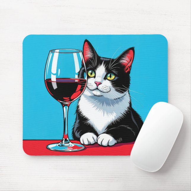 Tuxedo Cat With Red Wine Mouse Pad (With Mouse)