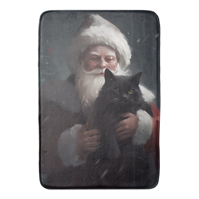 Tuxedo Cat With Santa Claus Festive Christmas Bath Mat (Front Vertical)