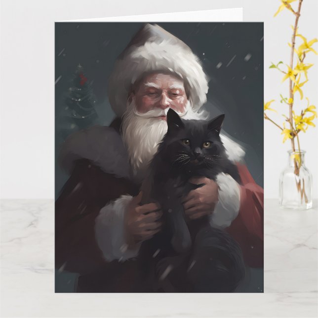 Tuxedo Cat With Santa Claus Festive Christmas Card (Yellow Flower)