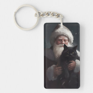 Tuxedo Cat With Santa Claus Festive Christmas Key Ring