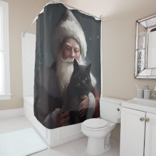 Tuxedo Cat With Santa Claus Festive Christmas Shower Curtain