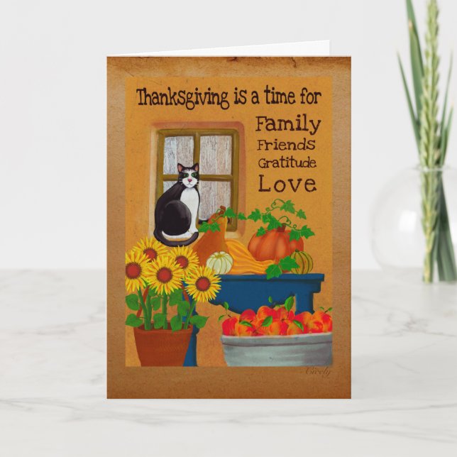 Tuxedo cat with the Thanksgiving bounty Holiday Card (Front)