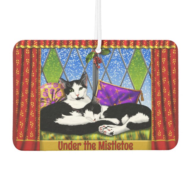 Tuxedo Cats Under Mistletoe Personalised Car Air Freshener (Front)