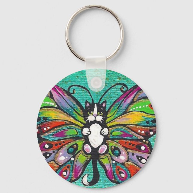 Tuxedo Catterfly Cat/Butterfly Whimsical Fantasy! Key Ring (Front)