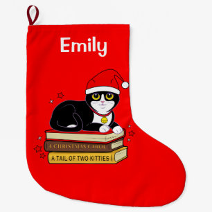 Tuxedo Christmas Cat Bell Books Name Customisable Large Christmas Stocking