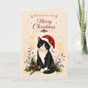 Tuxedo Christmas Cat in Santa Hat Holiday Card