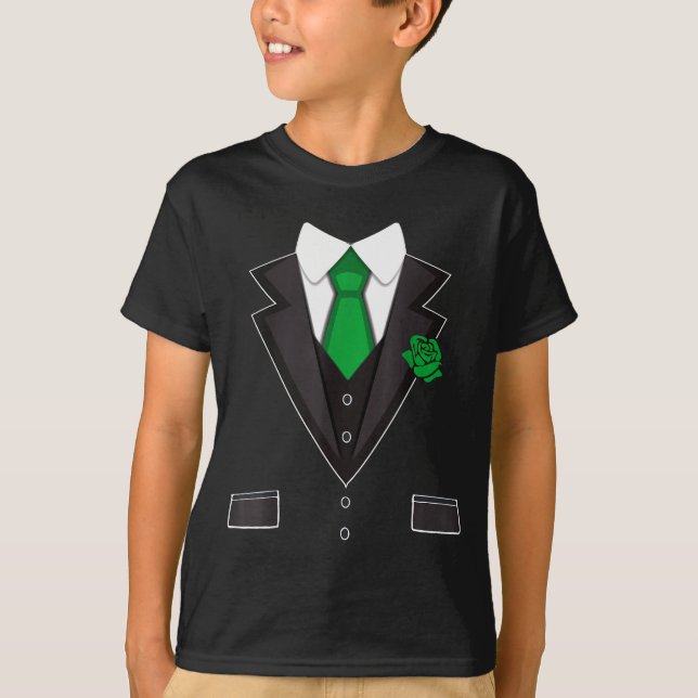 Tuxedo Costume Green Rose Tie Funny St. Patrick's  T-Shirt (Front)